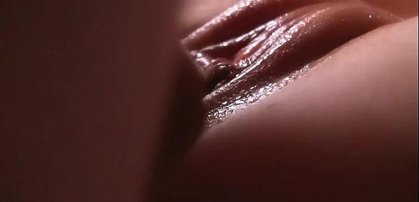  Close-up of gentle frictions. Play with cum on her pussy